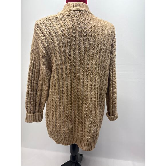 Khaki tan chunky knit cardigan sweater women large (12-14) open front boho - Picture 2 of 8